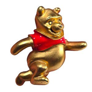 Vintage Disney Winnie the Pooh Brooch Pin Gold Red Enamel Running Bear 1990s